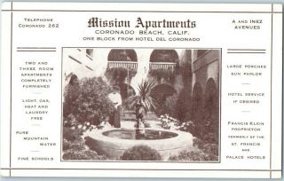 1910s Coronado Beach,  Ca Postcard " Mission Apartments " A & Inez Aves - Courtyard