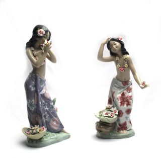 Lladro Porcelain Figurine Hawaiian Dancer Girls With Flowers 1478 & 1480