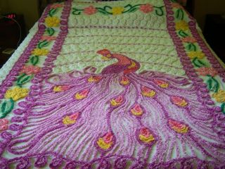 Vintage Purple Peacock Chenille Bed Spread Full W Pink & Yellow Daisies Gorgeous