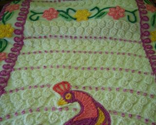 Vintage Purple Peacock Chenille Bed Spread FULL w Pink & Yellow Daisies Gorgeous 3
