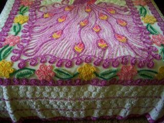Vintage Purple Peacock Chenille Bed Spread FULL w Pink & Yellow Daisies Gorgeous 4