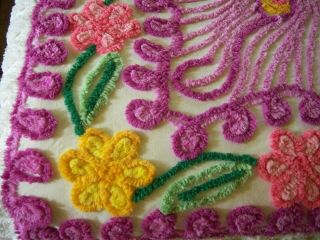 Vintage Purple Peacock Chenille Bed Spread FULL w Pink & Yellow Daisies Gorgeous 5