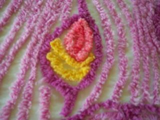 Vintage Purple Peacock Chenille Bed Spread FULL w Pink & Yellow Daisies Gorgeous 7