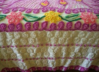 Vintage Purple Peacock Chenille Bed Spread FULL w Pink & Yellow Daisies Gorgeous 8