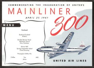 Postcard - United Airlines,  Oversize Menu Postcard,  1947