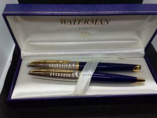 Waterman Carene Deluxe Blue Gt Fountain Pen Nib Fine Gold 18k & Ballpoint Pen