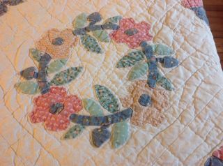 Hand Stitched Vintage Pink Blue Quilt,  Flowers Baskets & Bows,  85 X 85 " (queen)