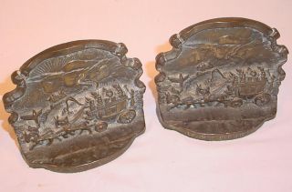 Vtg Bronze Plated Cast Iron Book Ends Stage Coach & Horsed Ye Olde Coaching Days