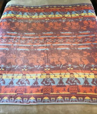 Vintage Western Camp Blanket Indian Teepee Buffalo Horses Reverse Colors 66 X 67