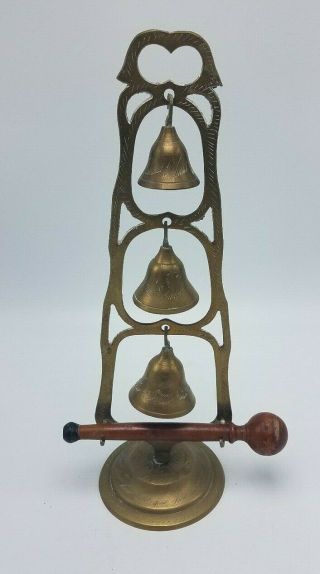 Vintage And Ornate Set Of 3 Etched Brass Hanging Bells In Display W Striker