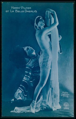 French Nude Woman Showgirl Old 1920s Tinted Blue Color Photo Postcard D