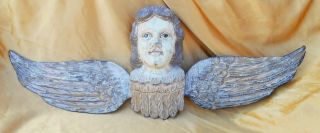 Large Primitive Carved Wood Angel Cherub Putto Wall Art Sculpture Glass Eyes 35 "