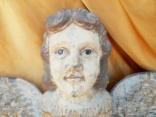 Large Primitive Carved Wood Angel Cherub Putto Wall Art Sculpture Glass Eyes 35 