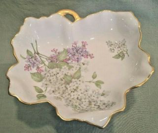 Limoges France Porcelain Pedestal Dish Gold Trim Lilacs Vintage