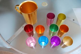 Vintage Mid Century Aluminum Pitcher And 8 Bascal Tumblers