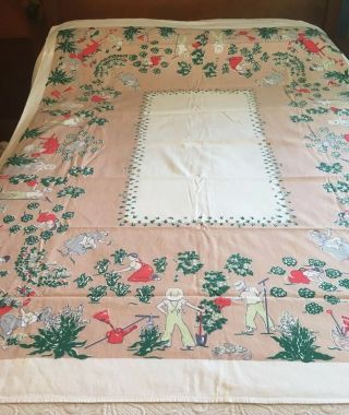 Vintage Tablecloth Farm Garden Country Motif Mid 20th Century Cotton Print 52x66