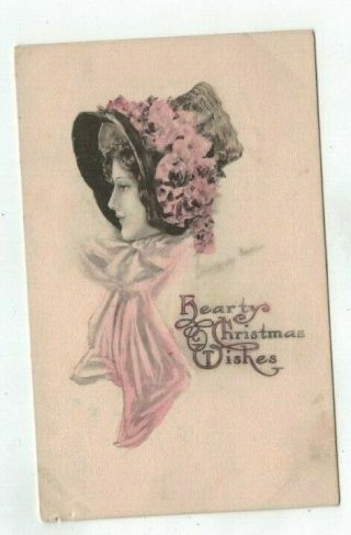 Antique Hc Christmas Post Card Artist Signed Lady In Pink Scarf And Bonnet