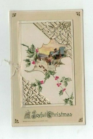 Antique 1914 Winsch Christmas Post Card Embossed Hinged Door Holly Chickens