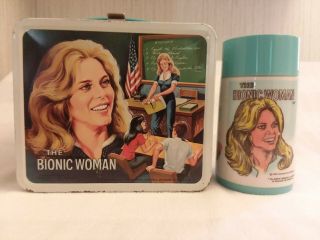 Vintage 1978 Metal Bionic Woman Lunch Box & Thermos