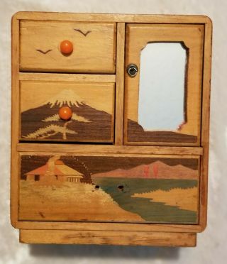 Wooden Small Trinket Box Cabinet With Drawers & Mirror