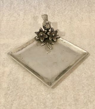 Vintage Square Pewter Plate With Bird And Flowers On Corner