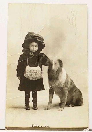 Rppc Little Girl With Collie Dog 1910 Muscatine Iowa To Canada Postcard I10