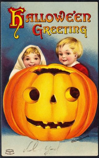 Vintage Halloween Postcard - Ellen Clapsaddle - Children With Jol,  Embossed