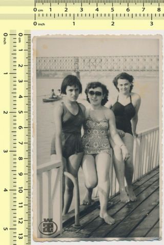 005 Beach,  Three Women In Swimsuits,  Ladies Swimwear Females Old Photo