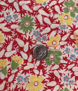 Vintage Floral Cotton Fabric - Red W/yellow And Blue Flowers - 36x36 - 1950’s