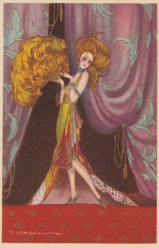 Art Deco ; Corbella ; Female Fashion Portrait With Gold Feathers,  1910 - 30s