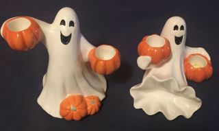 Fitz And Floyd Two Ghost Candle Holders With Pumpkins Halloween Candelabra
