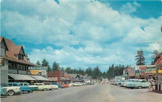 Vintage Postcard Big Bear Lake Village Street Scene Signs Cars San Bernardino Co