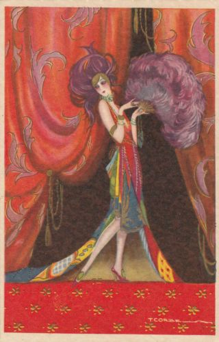Art Deco ; Corbella ; Female Fashion Portrait With Purple Feathers,  1910 - 30s