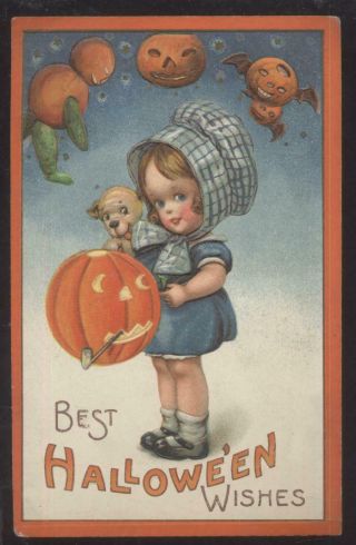 Postcard Halloween Little Girl & Pumpkin Goblin Pipe Smoker 1907