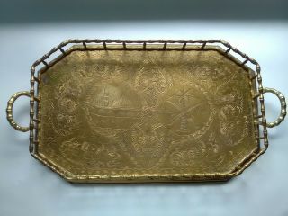 Vintage Octagon Railed Solid Brass Serving Tray With Handles - -