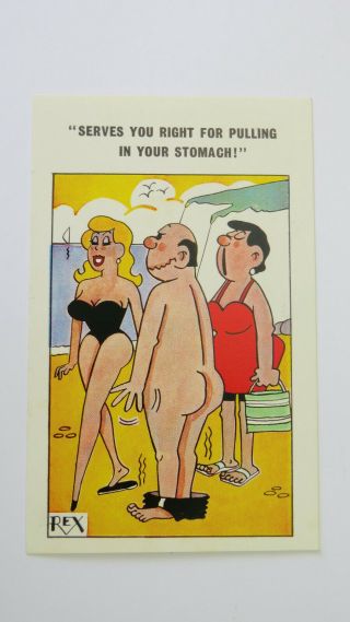 50s Risque Vintage Comic Postcard Big Boobs Bathing Beauty Pin - Up Fat Man Belly