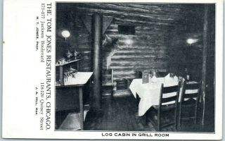 Chicago Il Postcard The Tom Jones Restaurant " Log Cabin In Grill Room " C1920s
