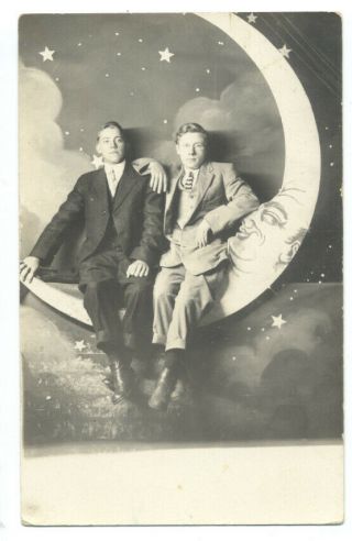 Rppc Paper Moon - 2 Affectionate Young Men & Sly Looking Moon Ca1908