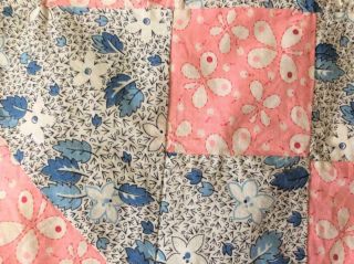 Vintage 1930s Fabric Cotton Quilt Top Pink & Blue Hand Stitched 56 " X78 "