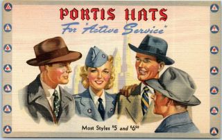 1940s Postcard Portis Hats " For Active Service " Neff Clothing Atlantic Ia Linen