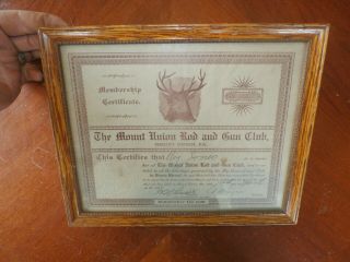 Vintage Antique 1910 Mount Union Pa Rod & Gun Club Membership Certificate