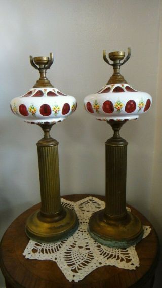 Pair Vintage Bohemian Czech White Cut To Cranberry Glass/brass Table Lamp Repair
