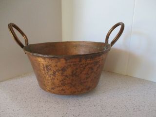 Antique Hand Hammered Copper Pan.  Large Handles,  Country Kitchen Fruit Bowl,  Vg
