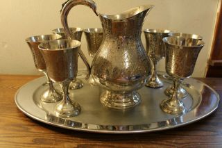 Set Of 8 World Gift Silver Plate Goblets - Large Pitcher And Large 20 1/2 " Platter