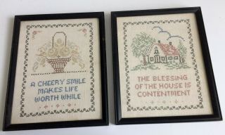 Two Antique / Vintage Cross Stitch Samplers,  Framed 8x10 ",  Fine Work On Linen