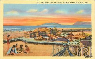 1940s Birdseye Great Salt Lake Utah Saltair Pavilion Teich Linen Amusement 12796