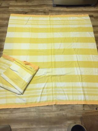 Vintage Wool Camp Blanket 64” X 74” Matched Pair Cream W/yellow Stripes