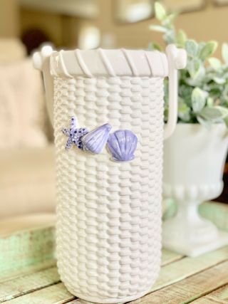 Nantucket Basket Ceramic Vase With Attached Nautical Blue Shells Starfish