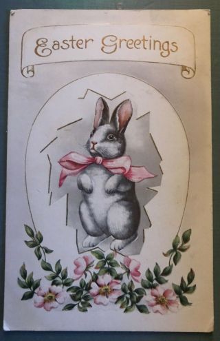 Cute White Bunny Rabbit With Pink Bow & Flowers Antique Easter Postcard - K74