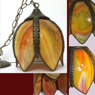 Vintage Stained Glass Tulip Swag Hanging Lamp Light Fixture Amber Green Pink.